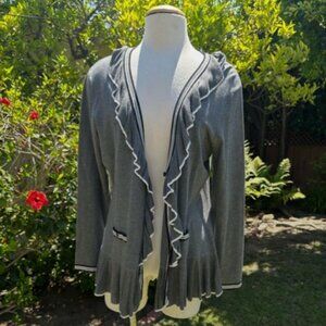 Grey Cardigan w/ Ruffles & Striped Detailing